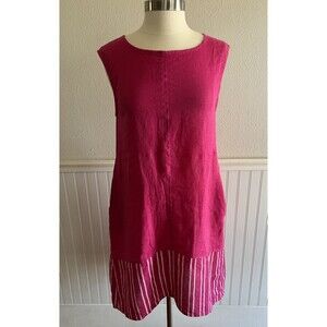 Allegra Masetti Sleeveless Tank Dress Midi High Low Pocket 100% Linen Hot Pink M
